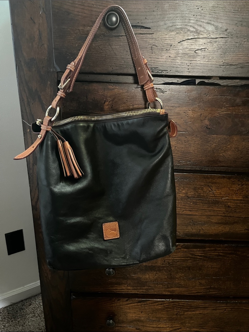 Dooney Bourke Leather Hobo Tote Bag with Brown Trim - Black